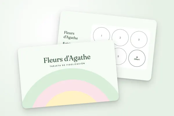 Modelo de tarjeta de fidelización «Fleurs d’Agathe» (tiendas y comercios, arcos pastel, floristería): anverso y reverso