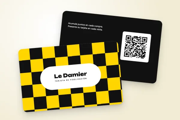 Modelo de tarjeta de fidelización «Le Damier» (tiendas y comercios, damero pop, amarillo y negro): anverso y reverso
