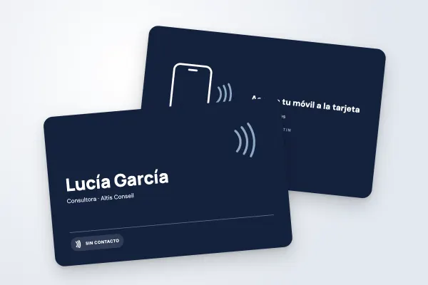Modelo de tarjeta NFC «Camille Martin» (profesionales, tarjeta de visita conectada, azul marino): anverso y reverso