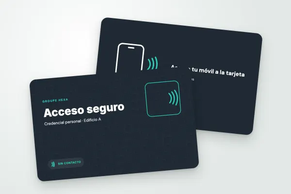 Modelo de tarjeta NFC «Groupe Hexa» (profesionales, acceso, grafito y verde azulado): anverso y reverso