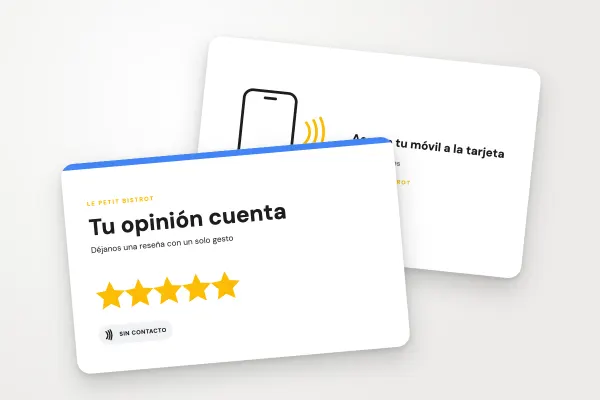 Modelo de tarjeta NFC «Le Petit Bistrot» (restaurantes y cafeterías, reseña de google, estrellas doradas): anverso y reverso