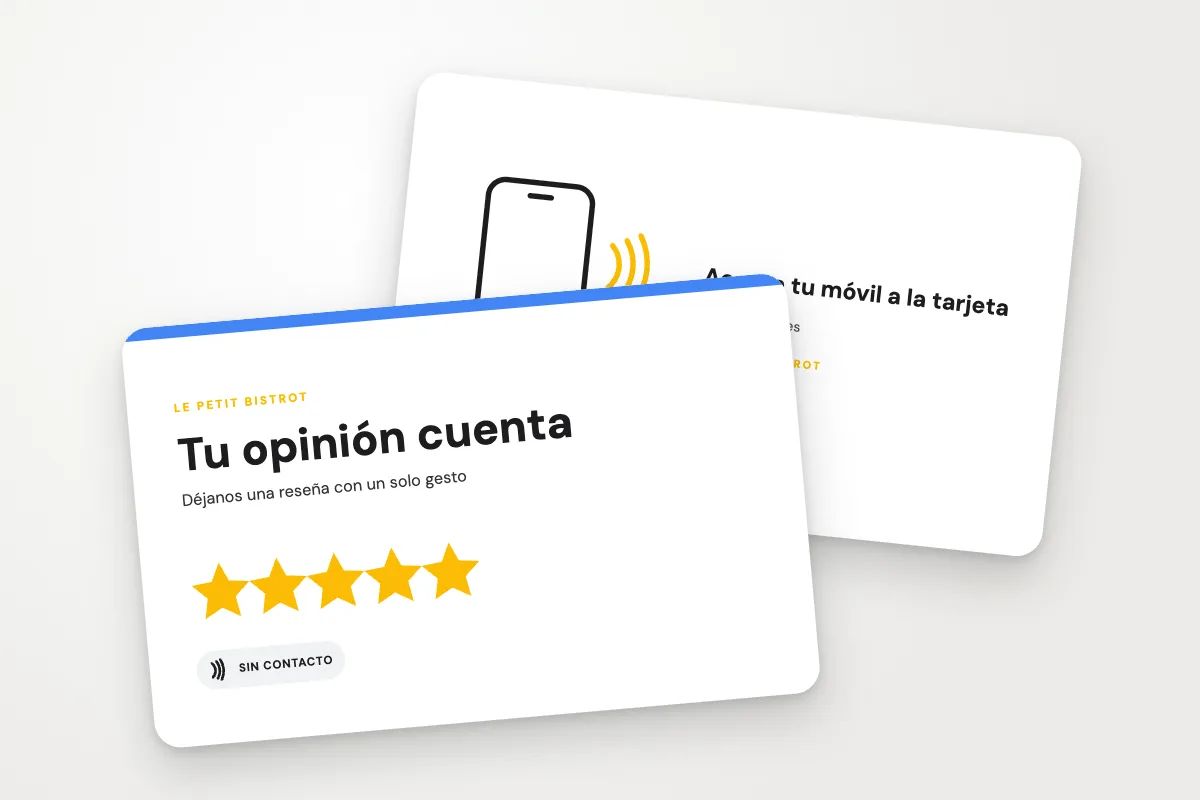 Modelo de tarjeta NFC «Le Petit Bistrot» (restaurantes y cafeterías, reseña de google, estrellas doradas): anverso y reverso