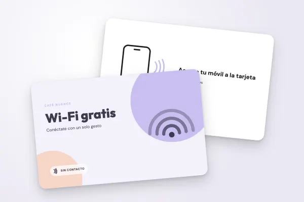 Modelo de tarjeta NFC «Café Nuance» (tiendas y comercios, wi-fi, pastel): anverso y reverso