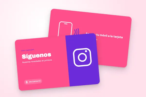 Modelo de tarjeta NFC «Pop Concept» (tiendas y comercios, redes sociales, rosa y violeta): anverso y reverso