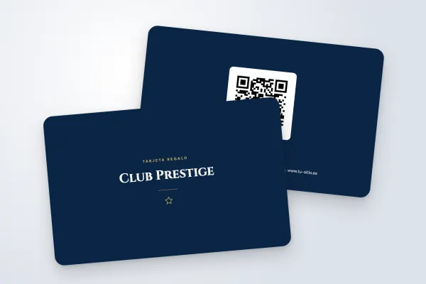 Modelo de tarjeta regalo «Club Prestige» (deporte y bienestar, clásico, azul marino y oro): anverso y reverso