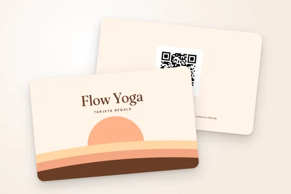 Modelo de tarjeta regalo «Flow Yoga» (deporte y bienestar, amanecer, pastel): anverso y reverso