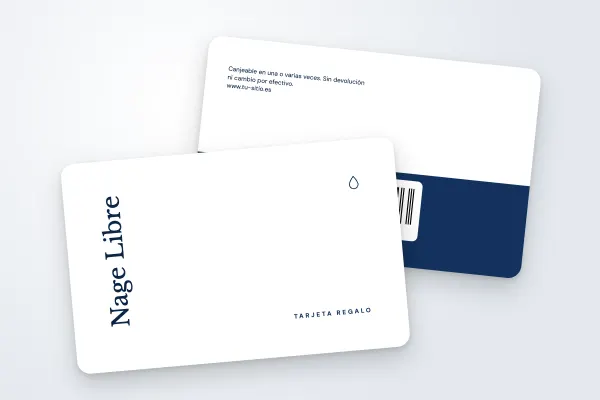 Modelo de tarjeta regalo «Nage Libre» (deporte y bienestar, nombre vertical, minimalista): anverso y reverso