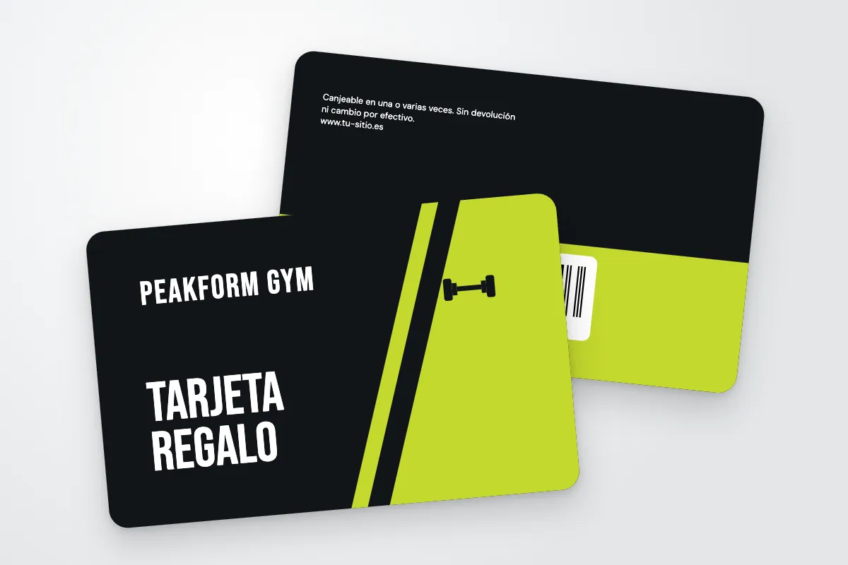 Modelo de tarjeta regalo «Peakform Gym» (deporte y bienestar, bisel, verde flúor): anverso y reverso