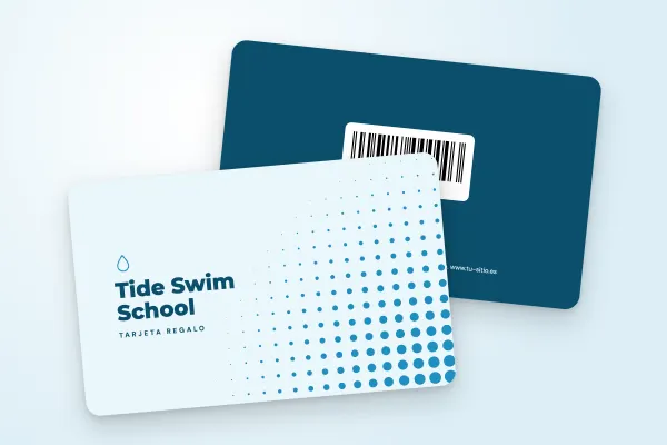 Modelo de tarjeta regalo «Tide Swim School» (deporte y bienestar, trama de puntos, azul): anverso y reverso