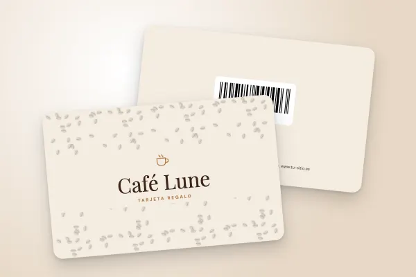 Modelo de tarjeta regalo «Café Lune» (restaurantes y cafeterías, granos de café, crema): anverso y reverso