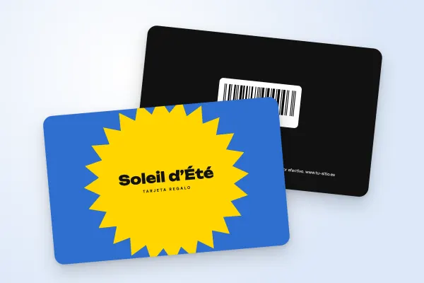 Modelo de tarjeta regalo «Soleil d’Été» (restaurantes y cafeterías, destello pop, azul y amarillo): anverso y reverso