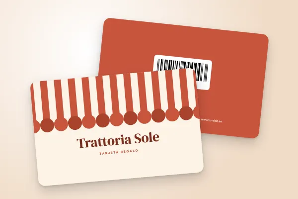 Modelo de tarjeta regalo «Trattoria Sole» (restaurantes y cafeterías, toldo a rayas): anverso y reverso