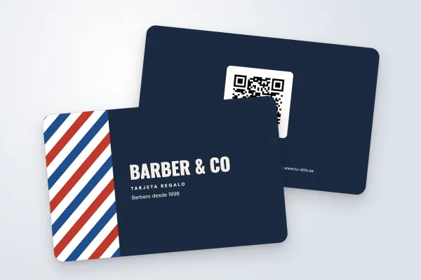 Modelo de tarjeta regalo «Barber & Co» (peluquerías, centros de estética y spas, poste de barbero): anverso y reverso