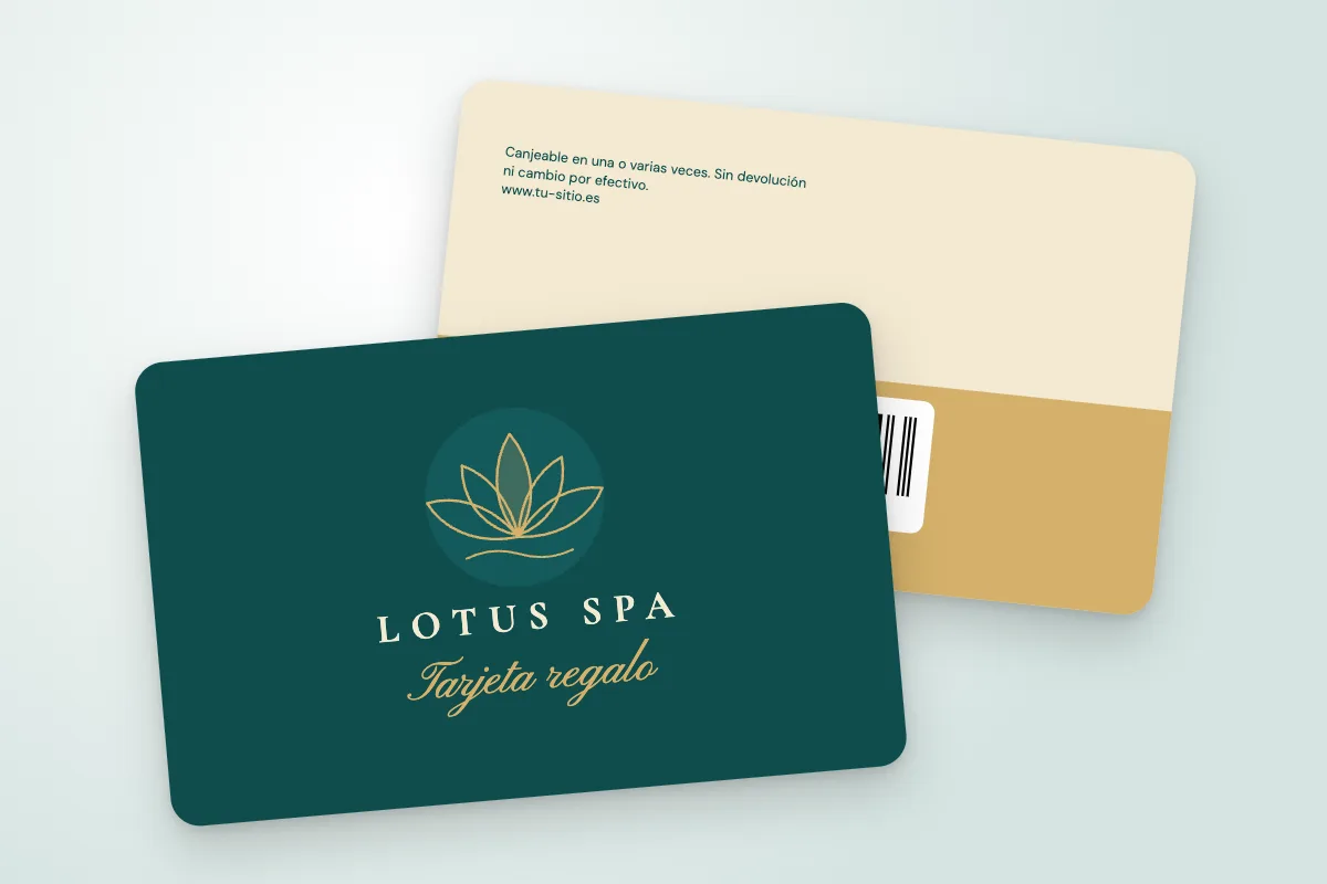 Modelo de tarjeta regalo «Lotus Spa» (peluquerías, centros de estética y spas, loto dorado a línea, tarjeta regalo manuscrita): anverso y reverso