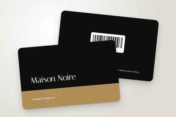 Modelo de tarjeta regalo «Maison Noire» (peluquerías, centros de estética y spas, base dorada, negro): anverso y reverso