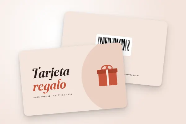 Modelo de tarjeta regalo «Rose Poudre» (peluquerías, centros de estética y spas, «tarjeta regalo» en letras grandes, paquete ilustrado): anverso y reverso