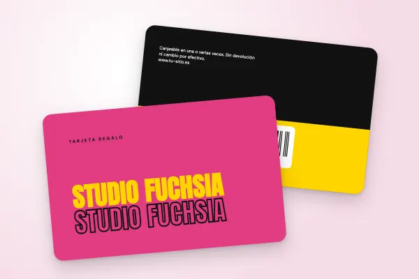 Modelo de tarjeta regalo «Studio Fuchsia» (peluquerías, centros de estética y spas, tipografía pop, fucsia y amarillo): anverso y reverso