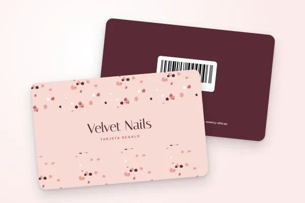Modelo de tarjeta regalo «Velvet Nails» (peluquerías, centros de estética y spas, terrazo, rosa y burdeos): anverso y reverso