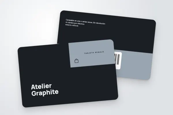 Modelo de tarjeta regalo «Atelier Graphite» (tiendas y comercios, bloque de esquina, antracita): anverso y reverso
