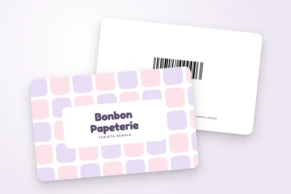 Modelo de tarjeta regalo «Bonbon Papeterie» (tiendas y comercios, mosaico pastel): anverso y reverso