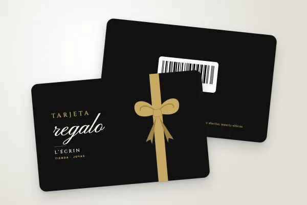 Modelo de tarjeta regalo «L’Écrin» (tiendas y comercios, cinta y lazo dorados, «tarjeta regalo» manuscrita): anverso y reverso