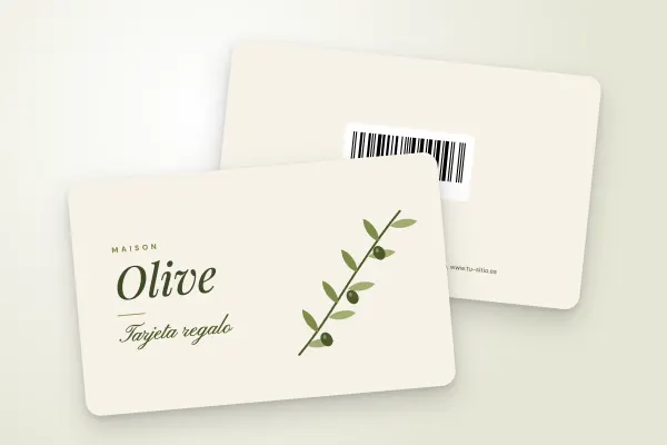 Modelo de tarjeta regalo «Maison Olive» (tiendas y comercios, rama de olivo, tarjeta regalo manuscrita): anverso y reverso