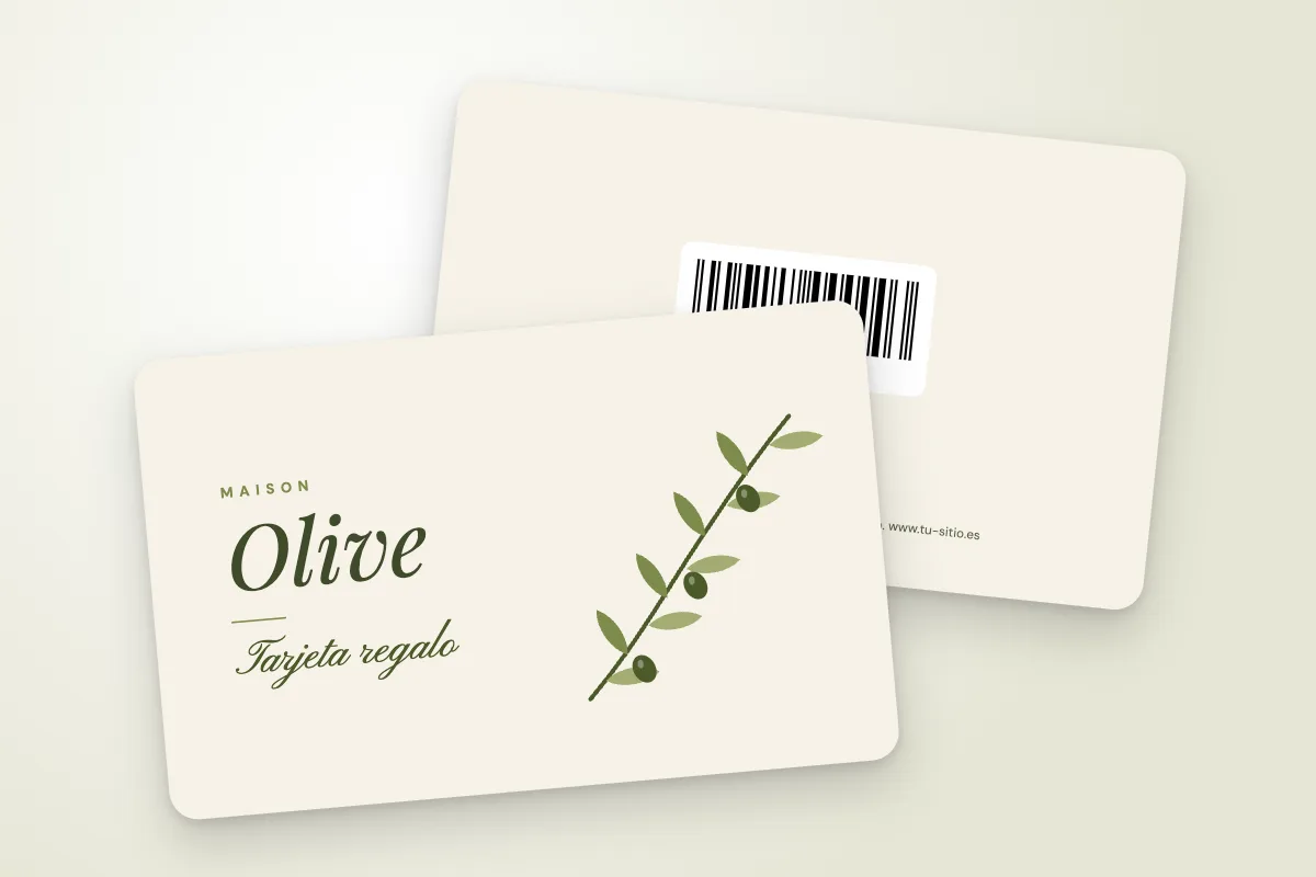 Modelo de tarjeta regalo «Maison Olive» (tiendas y comercios, rama de olivo, tarjeta regalo manuscrita): anverso y reverso