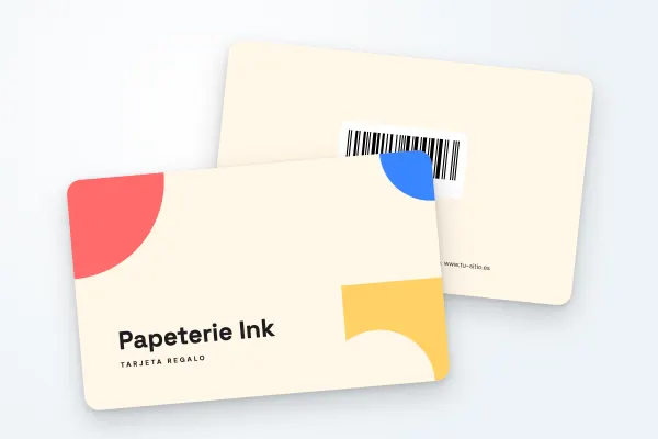 Modelo de tarjeta regalo «Papeterie Ink» (tiendas y comercios, formas geométricas, tres colores): anverso y reverso