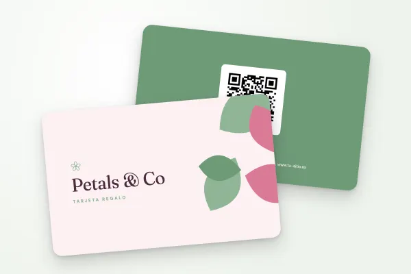 Modelo de tarjeta regalo «Petals & Co» (tiendas y comercios, follaje grande, floristería): anverso y reverso