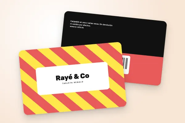 Modelo de tarjeta regalo «Rayé & Co» (tiendas y comercios, rayas pop, coral y amarillo): anverso y reverso