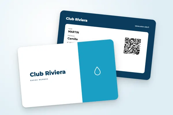 Modèle de badge « Club Riviera » (clubs de sport et associations, deux tons, bleu lagon) : recto et verso