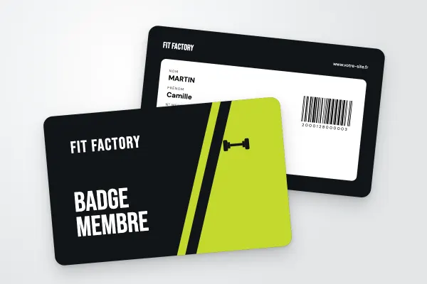 Modèle de badge « Fit Factory » (clubs de sport et associations, biseau, vert citron) : recto et verso