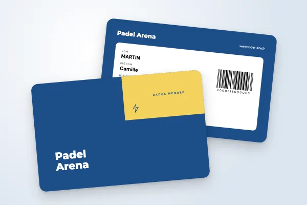 Modèle de badge « Padel Arena » (clubs de sport et associations, bloc d’angle, bleu et jaune) : recto et verso