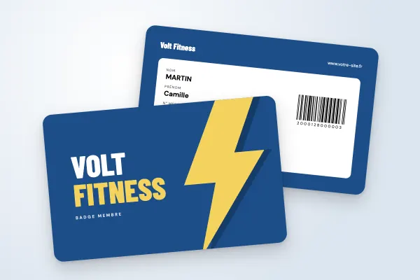 Modèle de badge « Volt Fitness » (clubs de sport et associations, éclair géant, bleu et jaune) : recto et verso