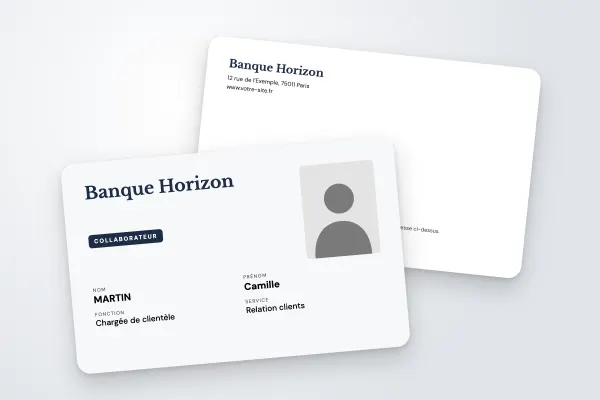 Modèle de badge « Banque Horizon » (entreprises et administrations, nom en grand, ardoise) : recto et verso