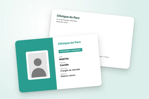 Modèle de badge « Clinique du Parc » (entreprises et administrations, moitié couleur, vert d’eau) : recto et verso