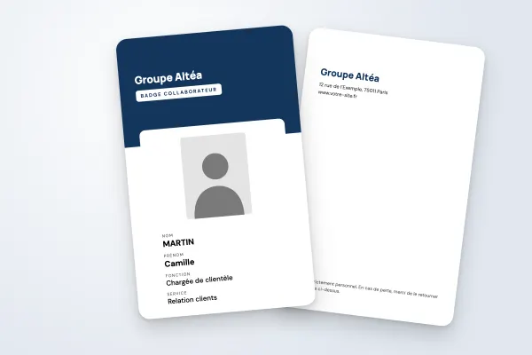 Modèle de badge « Groupe Altéa » (entreprises et administrations, vertical, bandeau bleu marine) : recto et verso