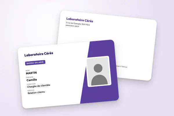 Modèle de badge « Laboratoire Cérès » (entreprises et administrations, bloc oblique, violet) : recto et verso
