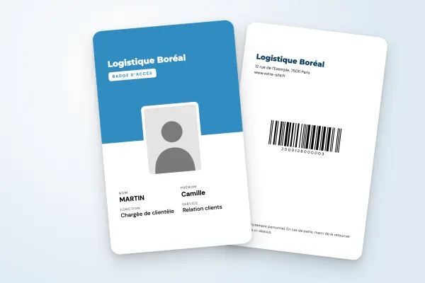 Modèle de badge « Logistique Boréal » (entreprises et administrations, vertical, deux tons bleu glacier) : recto et verso