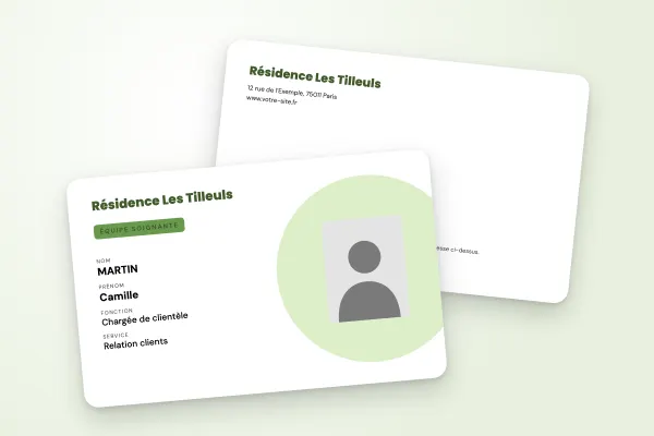 Modèle de badge « Résidence Les Tilleuls » (entreprises et administrations, pastille, vert tilleul) : recto et verso