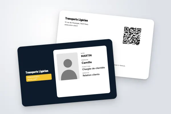 Modèle de badge « Transports Ligérien » (entreprises et administrations, fond sombre, nuit et jaune) : recto et verso