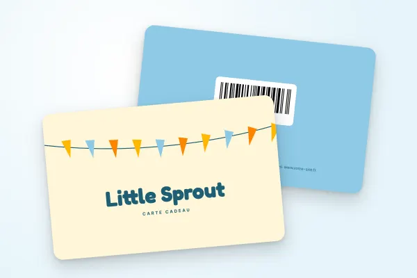 Modèle de carte cadeau « Little Sprout » (boutiques et commerces, guirlande de fanions, enfants) : recto et verso