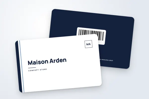 Modèle de carte cadeau « Maison Arden » (boutiques et commerces, barre latérale, bleu marine) : recto et verso