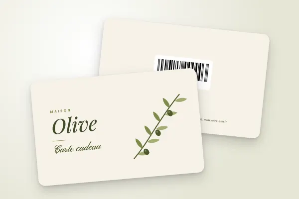 Modèle de carte cadeau « Maison Olive » (boutiques et commerces, rameau d’olivier, carte cadeau manuscrite) : recto et verso