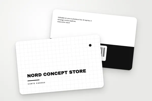 Modèle de carte cadeau « Nord Concept Store » (boutiques et commerces, minimaliste, noir et blanc) : recto et verso