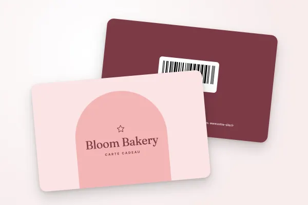 Modèle de carte cadeau « Bloom Bakery » (restaurants et cafés, arche, rose poudré) : recto et verso
