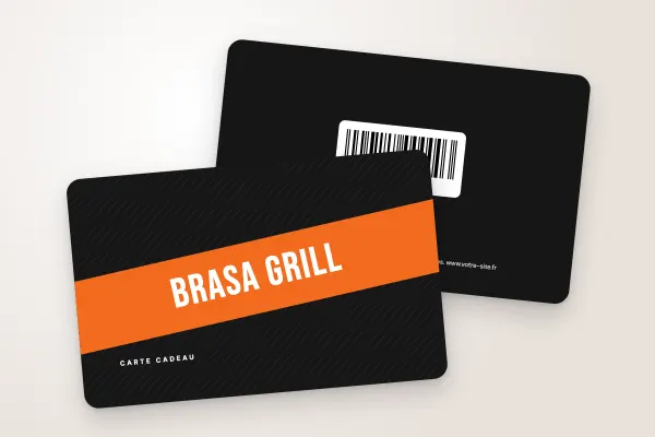 Modèle de carte cadeau « Brasa Grill » (restaurants et cafés, bandeau diagonal, noir et orange) : recto et verso