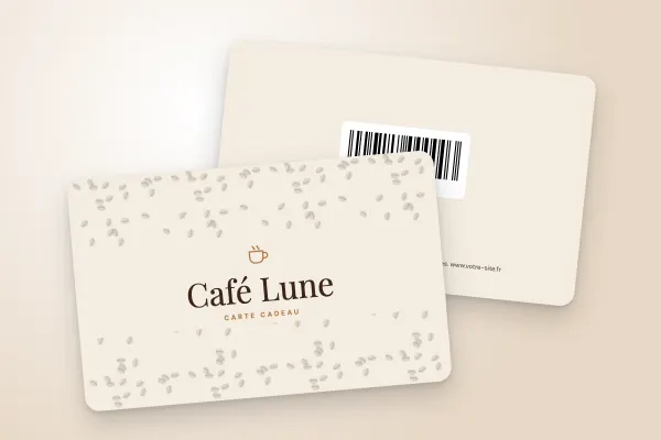 Modèle de carte cadeau « Café Lune » (restaurants et cafés, grains de café, crème) : recto et verso