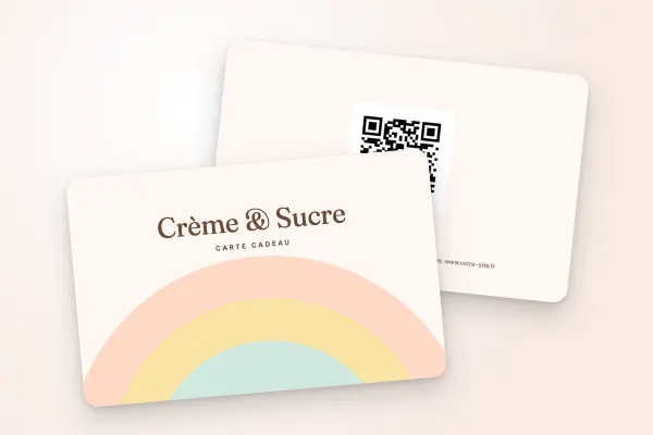 Modèle de carte cadeau « Crème & Sucre » (restaurants et cafés, arcs pastel, pâtisserie) : recto et verso