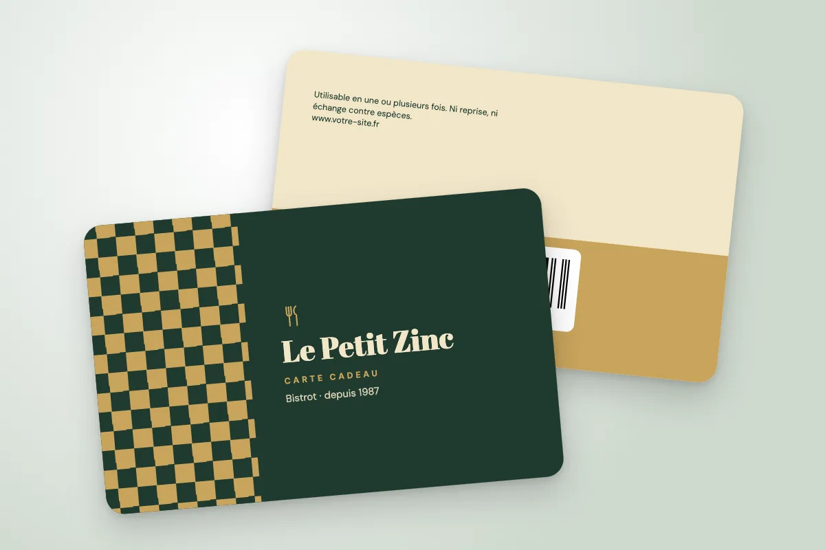 Modèle de carte cadeau « Le Petit Zinc » (restaurants et cafés, damier bistrot, vert et or) : recto et verso